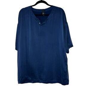 Lahgo Mens Large‎ Blue Silk Henley Shirt Short Sleeve Casual Lounge Top Lunya